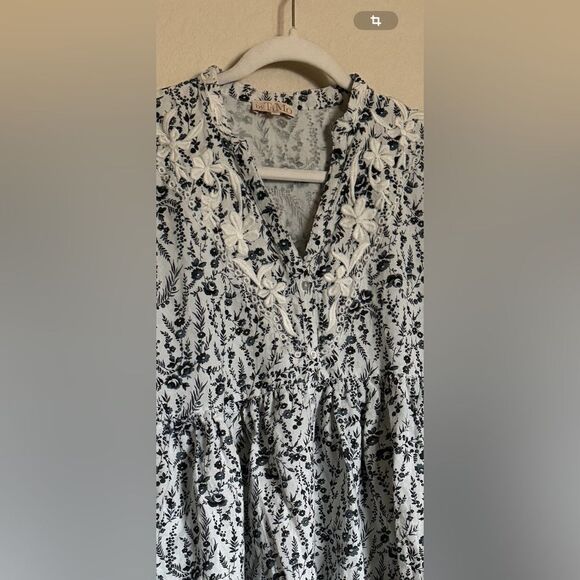 By Timo‎ Floral Boho Embroidered Poplin Midi Dress Sz Medium Crochet Lace Trim - Picture 2 of 9